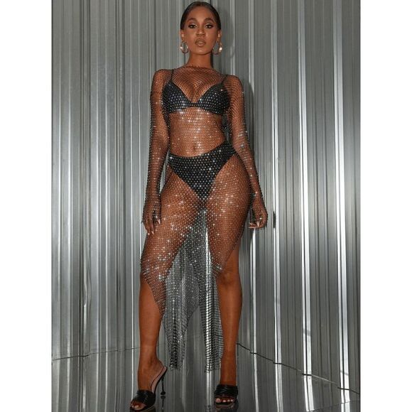 ✨💎 NWT Rhinestone Crystal Diamond Fishnet Mesh Sheer Long Sleeve Maxi Dress L - Picture 14 of 17